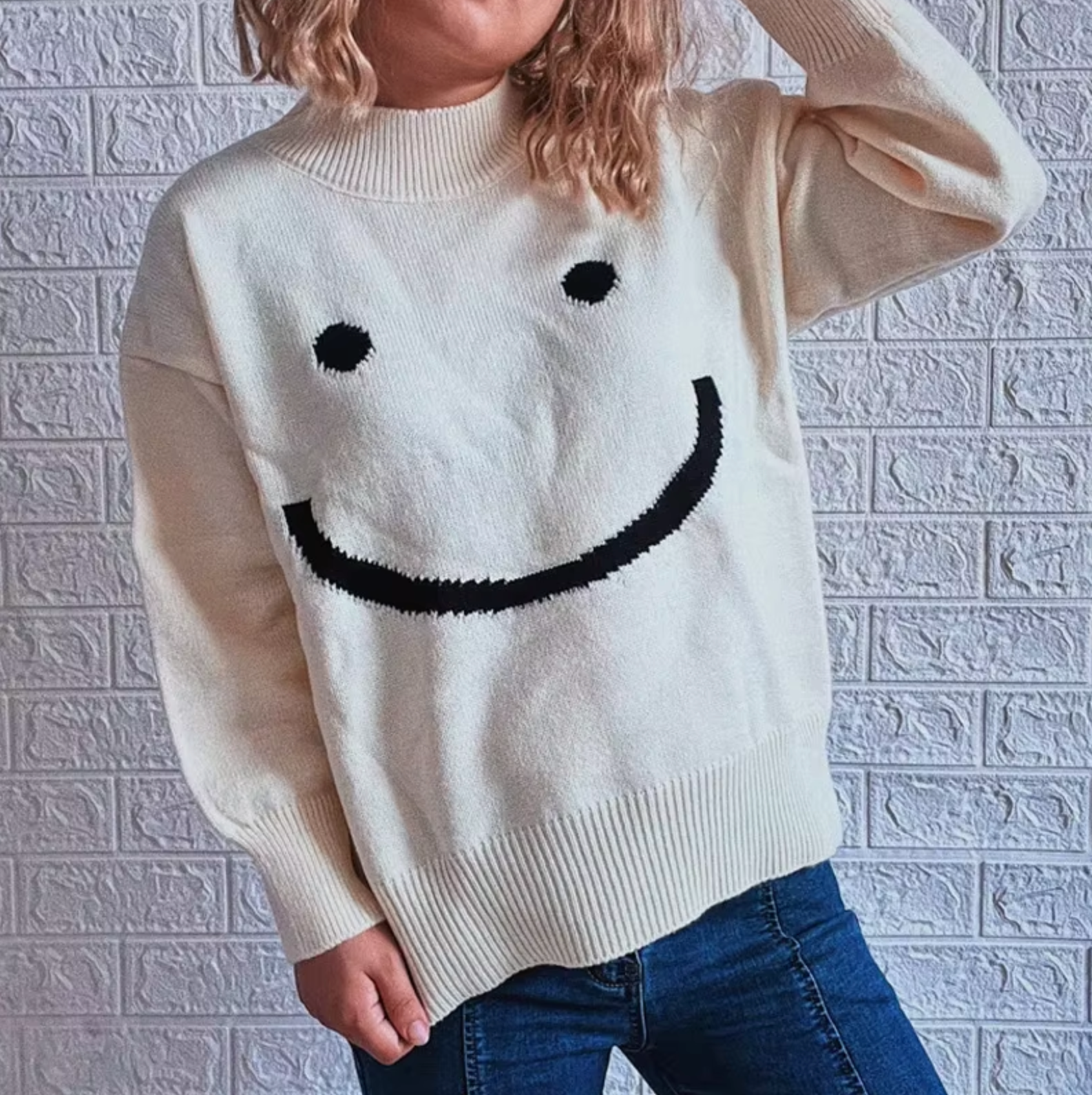 Stickad Dam Tröja med Smiley Ansikte Mjuk Blandning av Material-3
