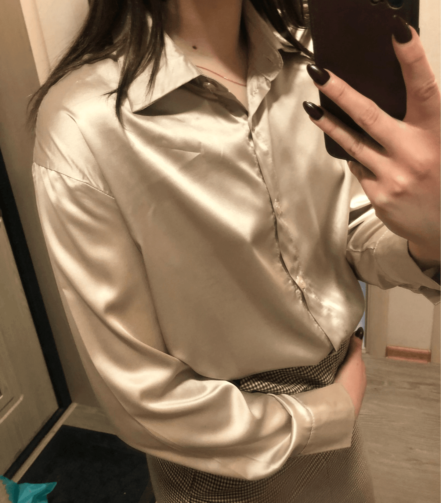 Dam Blus Elegant Satin Silke Flödande Design-4