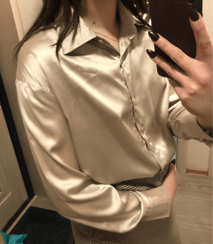 Dam Blus Elegant Satin Silke Flödande Design-4