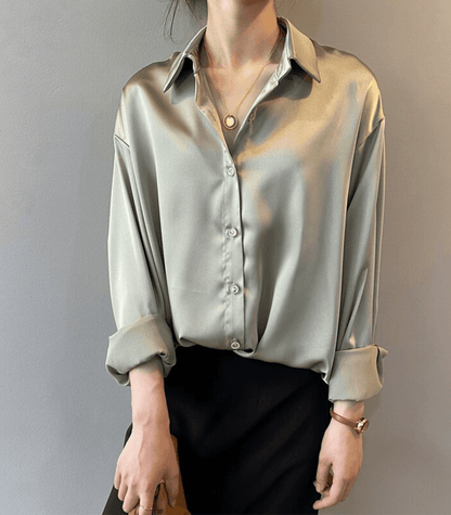 Dam Blus Elegant Satin Silke Flödande Design-6