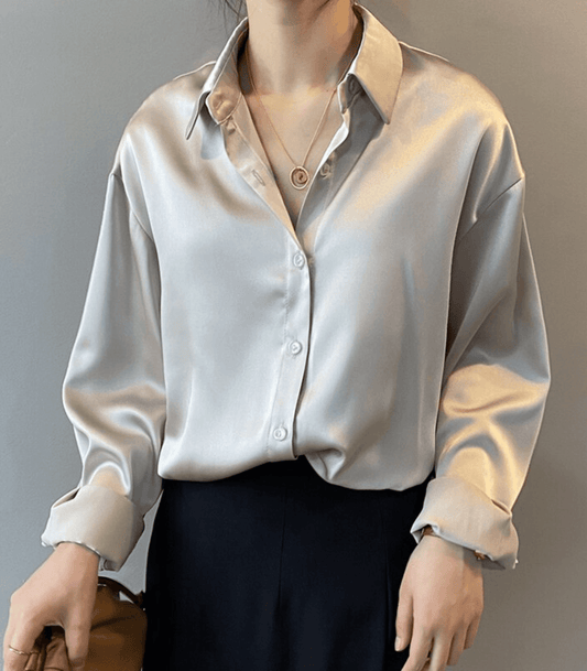 Dam Blus Elegant Satin Silke Flödande Design-1