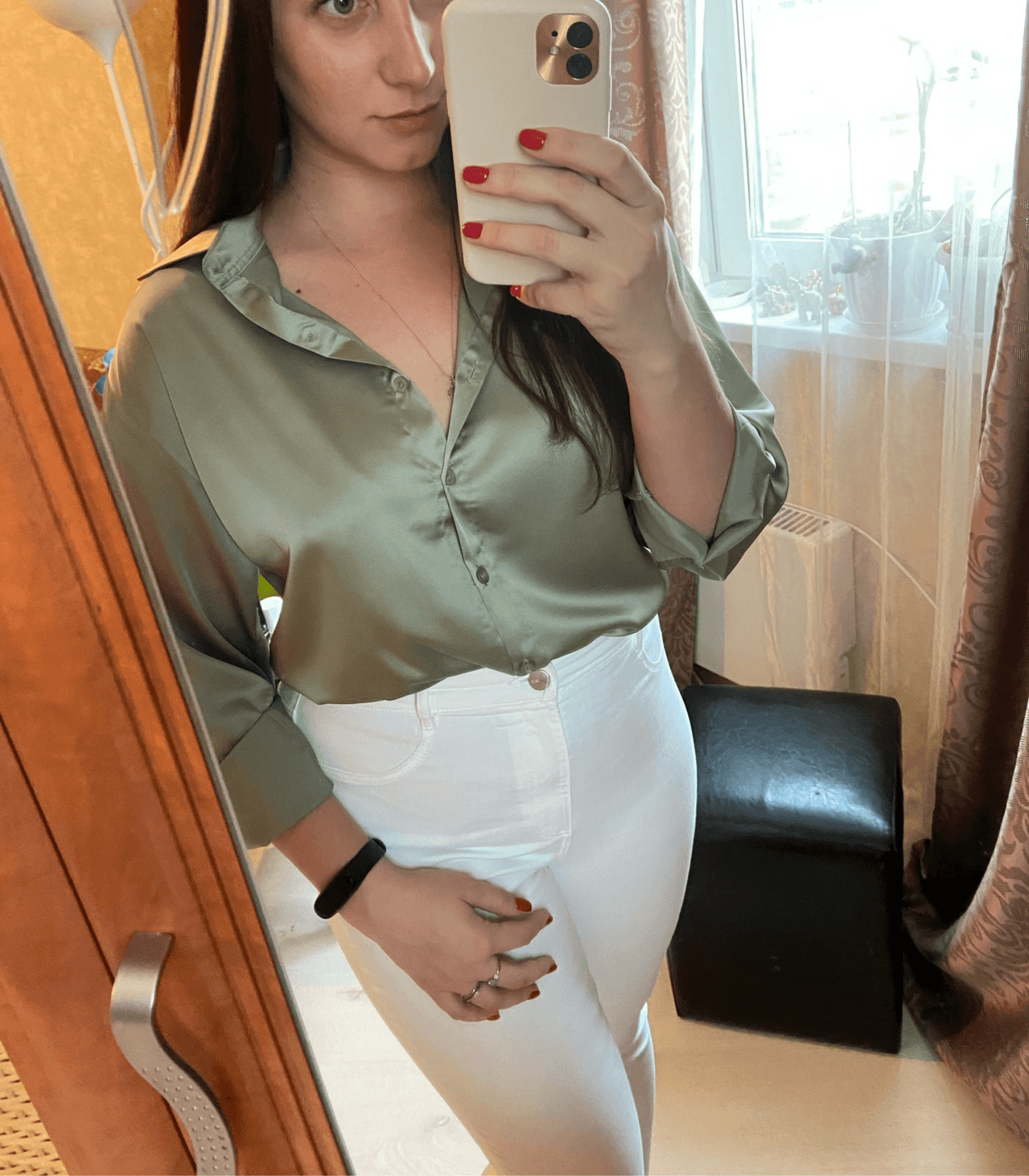 Dam Blus Elegant Satin Silke Flödande Design-3