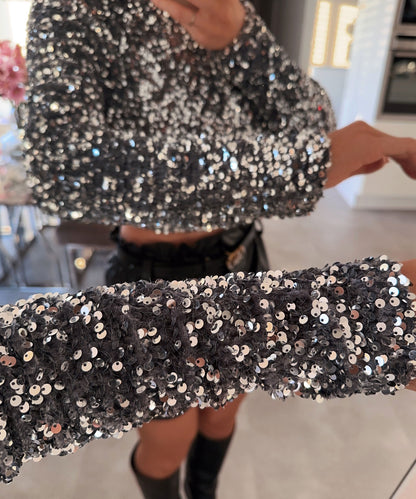 Kvinnors Långärmad Paljetttopp Elegant Mjuk Tyg 6