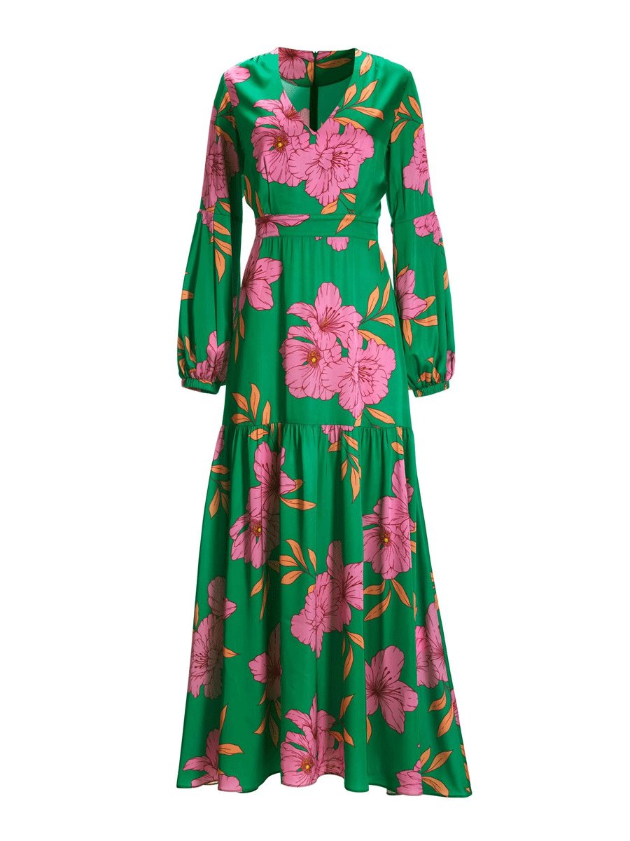 Dam Klänning Maxi Blommönster V-ringning Mjuk Bomull och Polyester-3