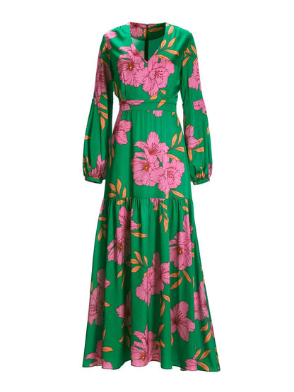 Dam Klänning Maxi Blommönster V-ringning Mjuk Bomull och Polyester-3