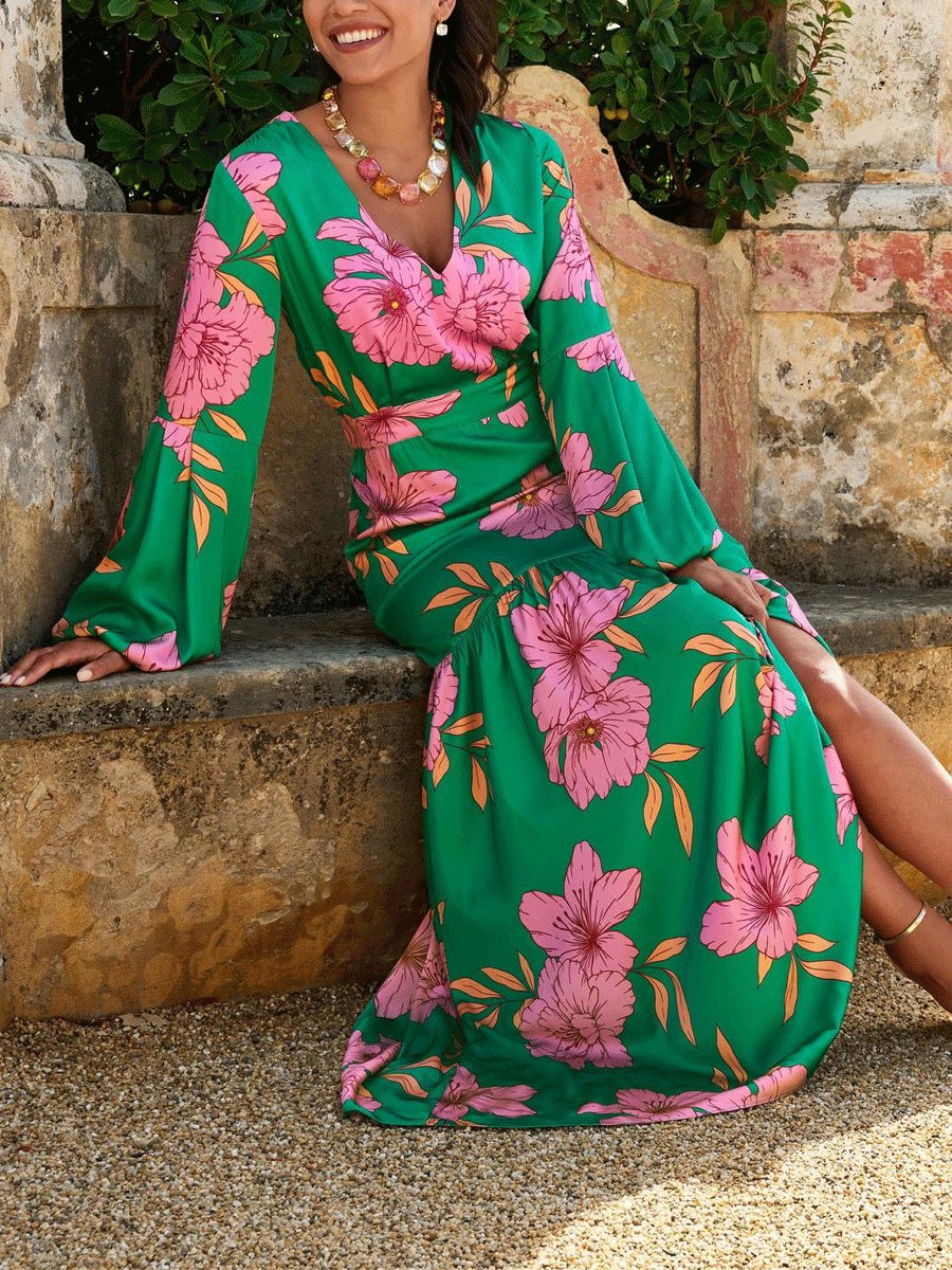 Dam Klänning Maxi Blommönster V-ringning Mjuk Bomull och Polyester-2