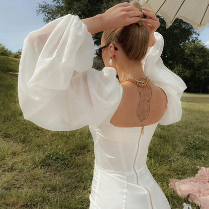 Damklänning Mini Puffärmar Satin Fina Dam Klänningar-3