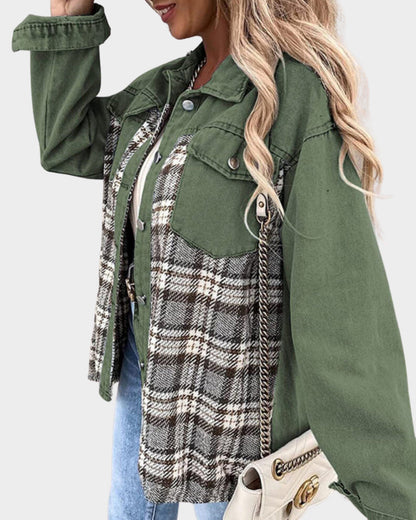 Dam Höstväst Långärmad Kontrollmönster i Denim-2