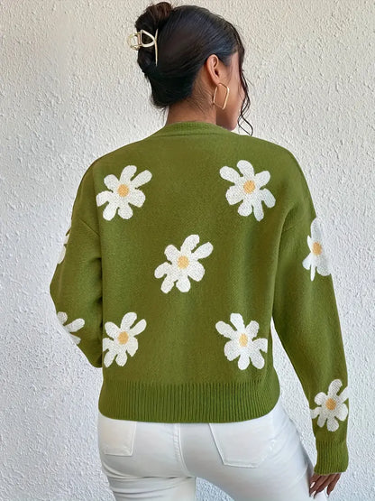 Stickad Dam Tröja Långa Ärmar Blommönster Mjuk Material-6