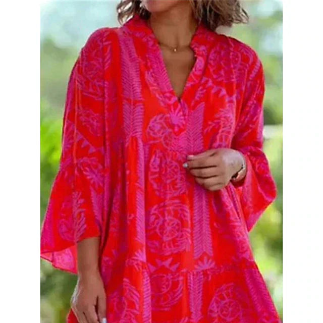 Eleganta Damklänningar Midi med Blommönster och V-ringning – 3/4 Ärmar i Polyester, Lätt och Bekväm 3