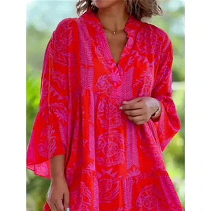 Eleganta Damklänningar Midi med Blommönster och V-ringning – 3/4 Ärmar i Polyester, Lätt och Bekväm 3