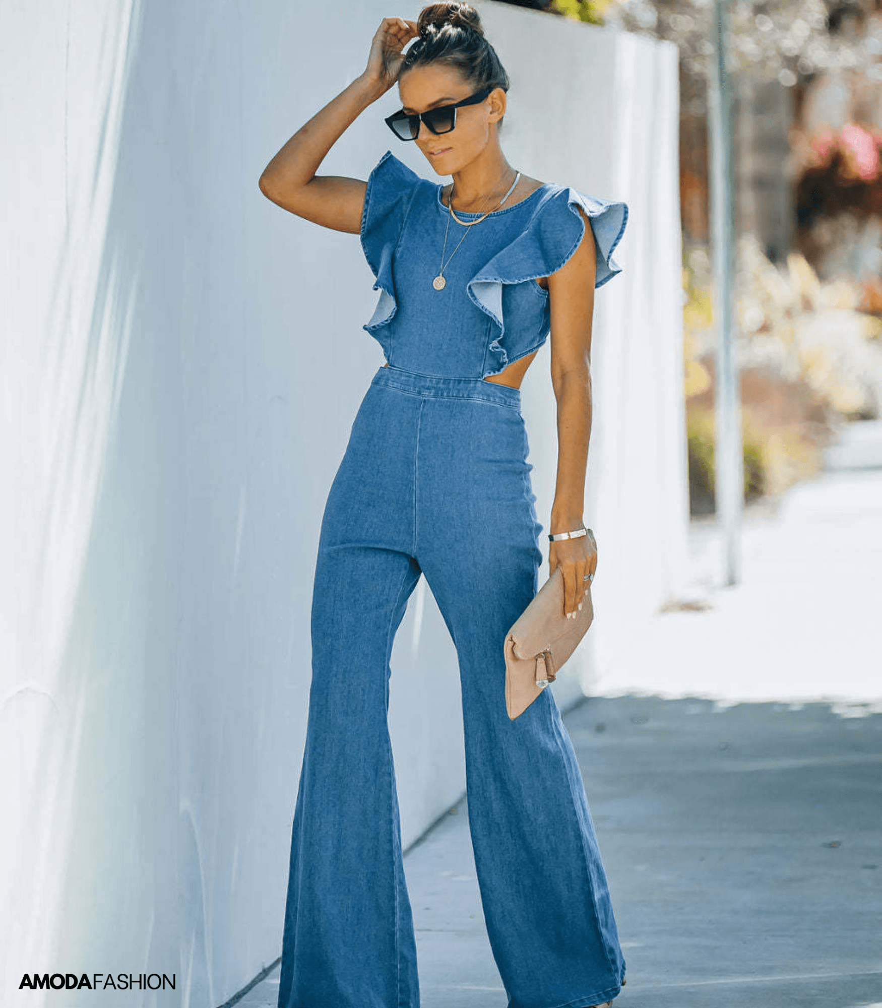 Dam Jumpsuit Utställda Ärmar Hållbar Denim-4