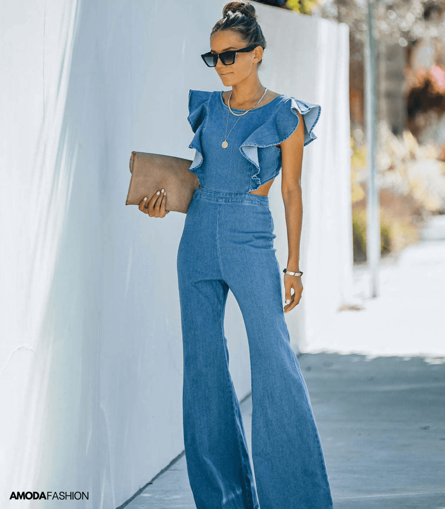 Dam Jumpsuit Utställda Ärmar Hållbar Denim-6