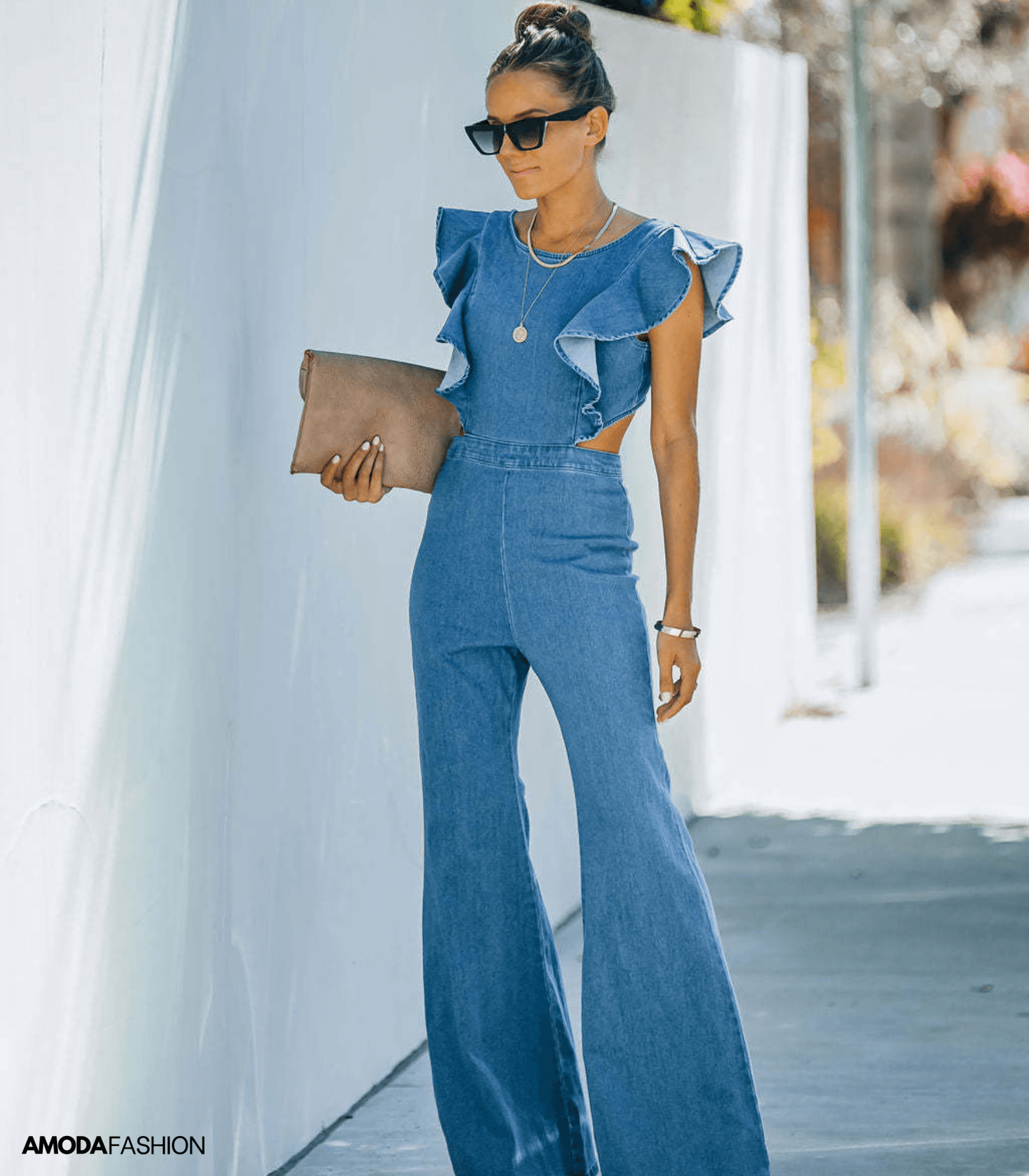 Dam Jumpsuit Utställda Ärmar Hållbar Denim-6