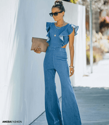 Dam Jumpsuit Utställda Ärmar Hållbar Denim-6