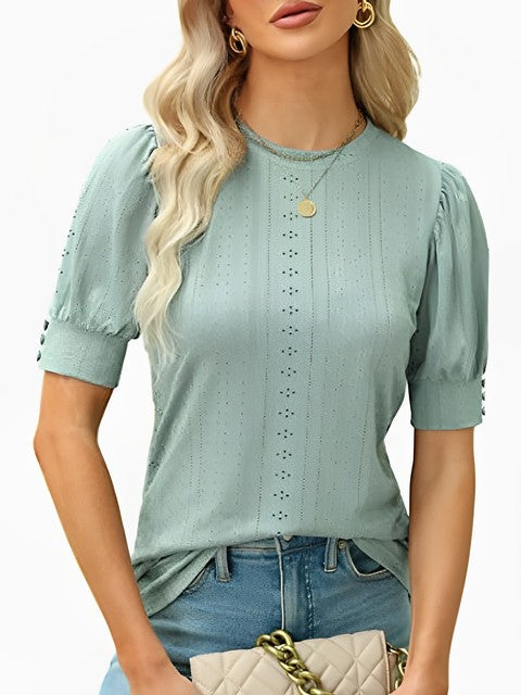 Dam Blus Puffärmar O-hals Polyester - Vit, Svart, Grön, Chic Stil för Kontor och Fritid-1