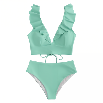 Bikini Set för Kvinnor med Hög Midja och Ruffles – Elegant V-Hals, Ryggfri Design, Mjuk Polyester 5