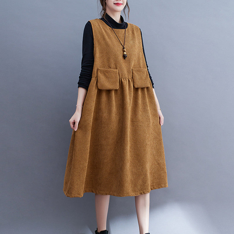 Dam Klänning Retro Kordtyg Elegant Design-3