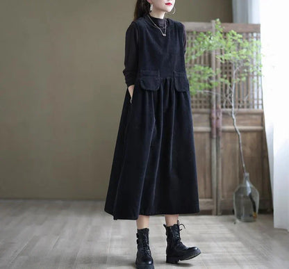 Dam Klänning Retro Kordtyg Elegant Design-2