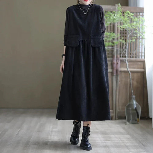 Dam Klänning Retro Kordtyg Elegant Design-1