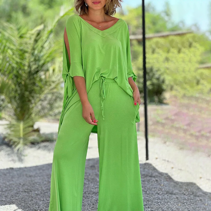 Dam 2-delad Set Avslappnad Topp Bredbyxor Mjuk Tyg-3