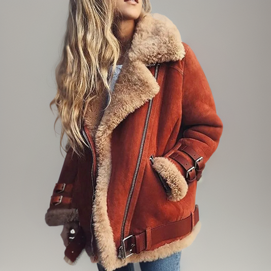 Kvinno Kappa med Läderdetaljer och Hög Krage i Ullpolyester-1