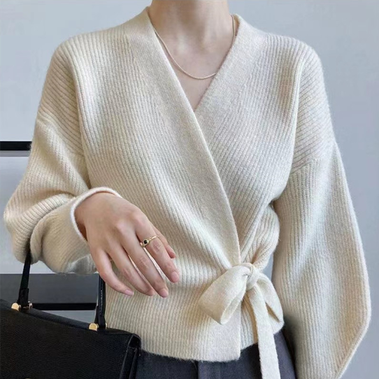 Dam Tröja Wrap Design med Bindande Bälte i Mjuk Material-2