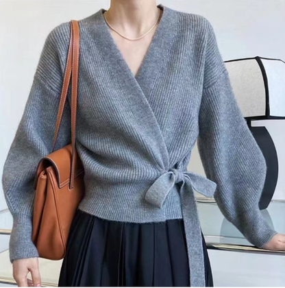 Dam Tröja Wrap Design med Bindande Bälte i Mjuk Material-1