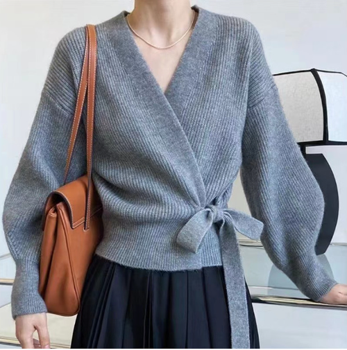 Dam Tröja Wrap Design med Bindande Bälte i Mjuk Material-1