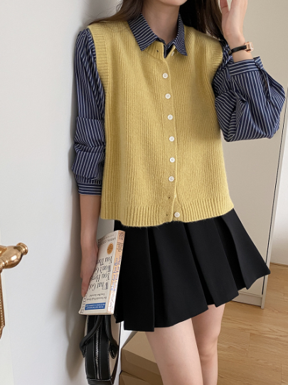 Dam Tank Top Ärmlös Med Knappar Stickad Akryl 5