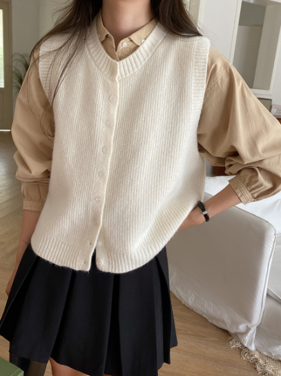 Dam Tank Top Ärmlös Med Knappar Stickad Akryl 10