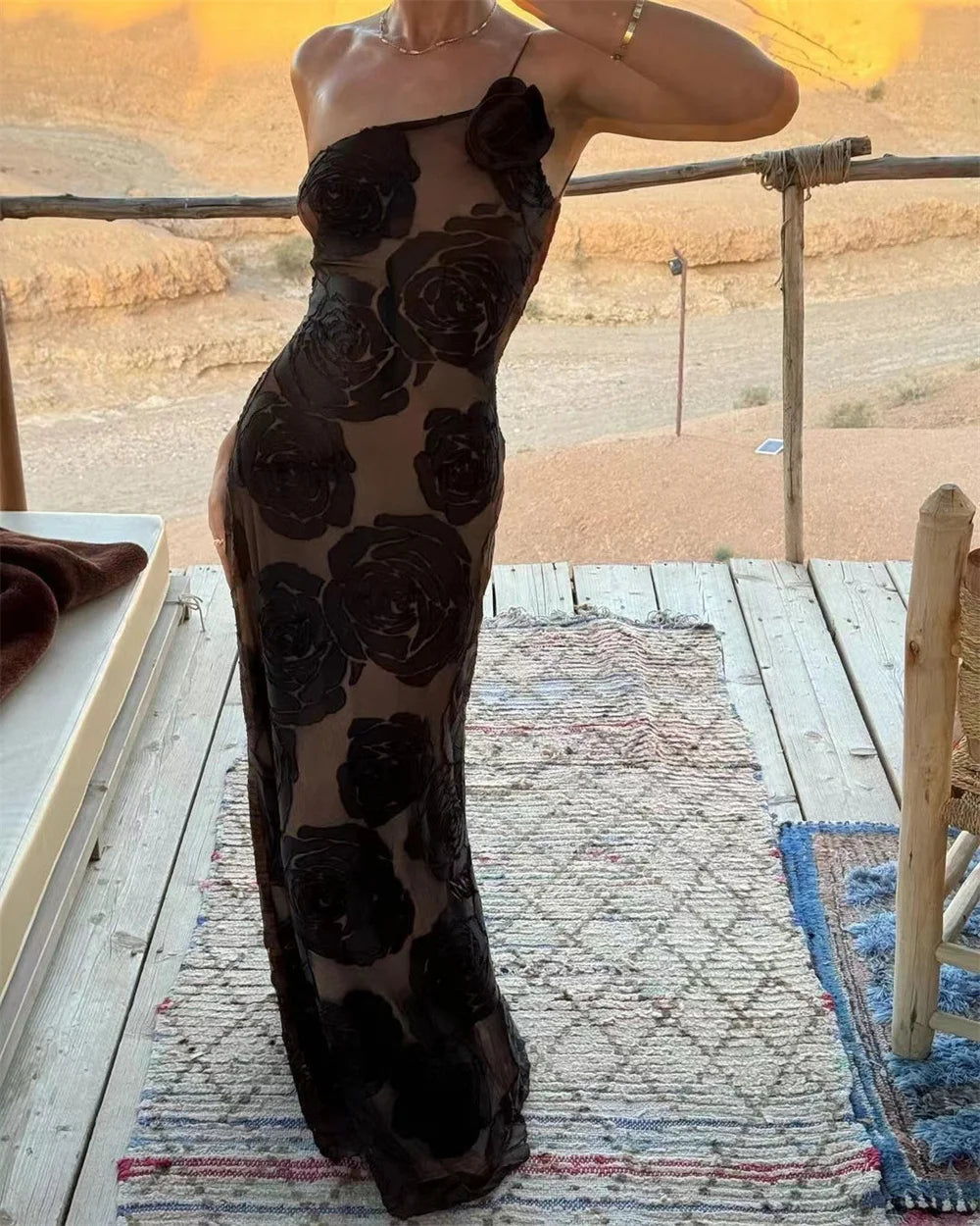 Kvinnors Transparent Blommaklänning Flödande Tyg-4