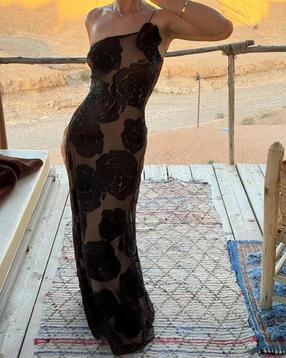 Kvinnors Transparent Blommaklänning Flödande Tyg-4