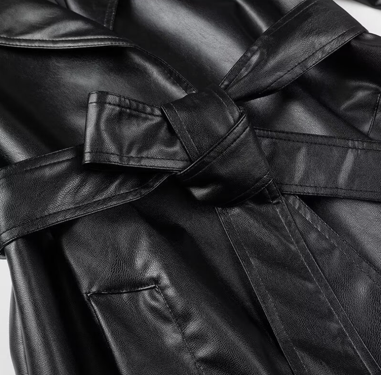 Dam Klänning Syntetiskt Läder med Bälte Långärmad Figur-huggande Design-5