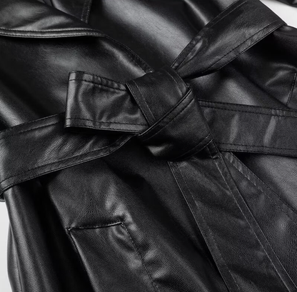 Dam Klänning Syntetiskt Läder med Bälte Långärmad Figur-huggande Design-5