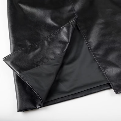 Dam Klänning Syntetiskt Läder med Bälte Långärmad Figur-huggande Design-3