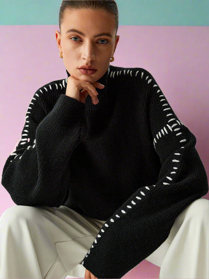 Dam Stickad Överdimensionerad Tröja i Grovstickning Akryl-6