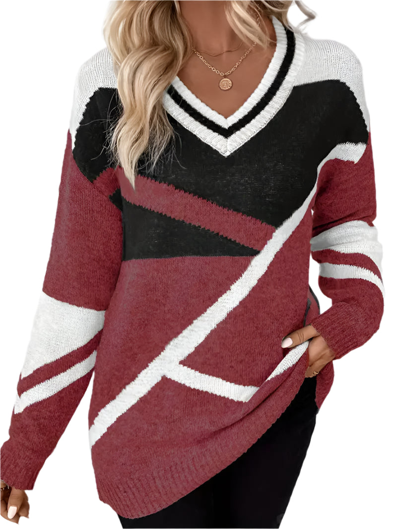 Dam Ulltröja Geometrisk V-ringning Lång Ärme-1
