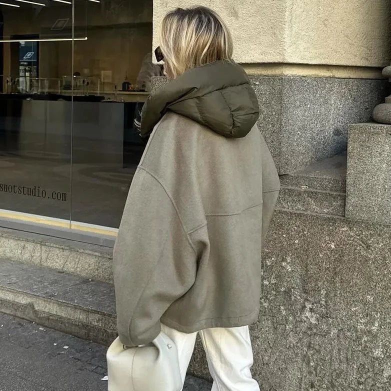 Kvinnors Kort Vinterjacka med Huva Ullblandning-5