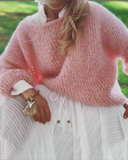 Dam Stickad Tröja Ull Långärmad Rosa-4