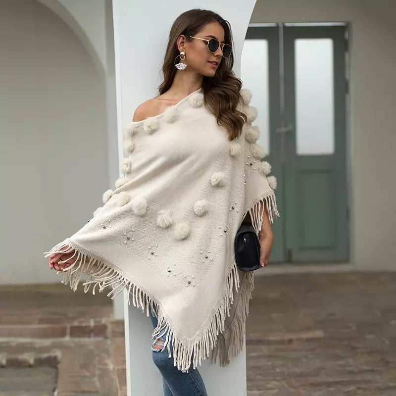 Dam Poncho Boho Stil Luftig Bomull Polyester-1