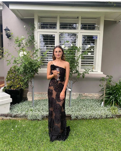 Kvinnors Transparent Blommaklänning Flödande Tyg-3