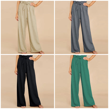 Dam Hög Midja Byxor Av Bomull och Polyester, Avslappnad Stil, Bred Passform-3