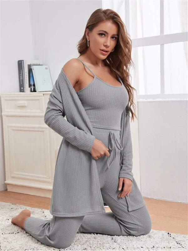 Kvinnors Loungewear Set 3-delat Mjukt Material med Lång Kofta och Joggingbyxor-6