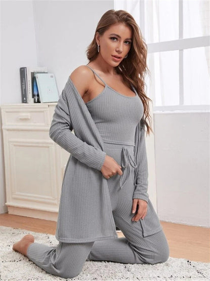 Kvinnors Loungewear Set 3-delat Mjukt Material med Lång Kofta och Joggingbyxor-6
