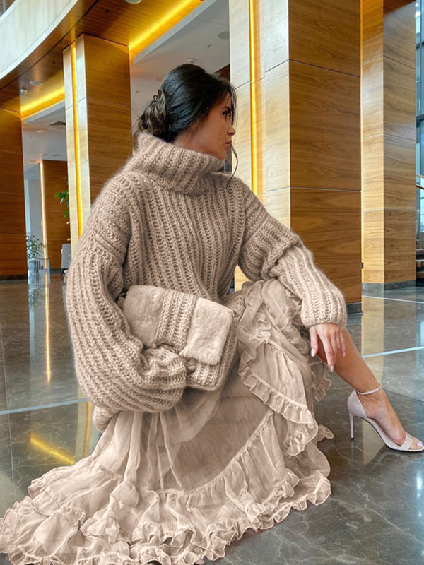 Kvinnors Sticktröja Överdimensionerad Rullkrage Polyester Ballongärmar 4