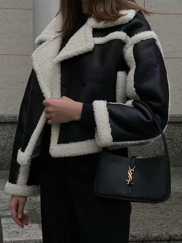 Dam Pilotjacka Konstgjort Lammskinn med Kontrast Sömmar-6