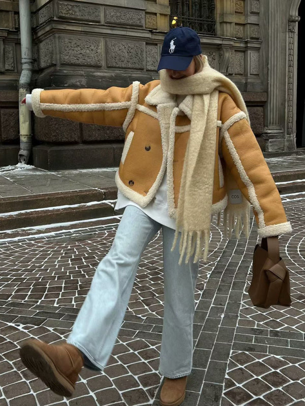 Dam Pilotjacka Konstgjort Lammskinn med Kontrast Sömmar-4