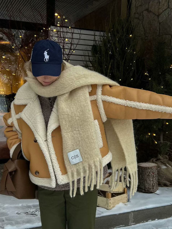 Dam Pilotjacka Konstgjort Lammskinn med Kontrast Sömmar-3