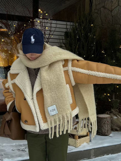 Dam Pilotjacka Konstgjort Lammskinn med Kontrast Sömmar-3